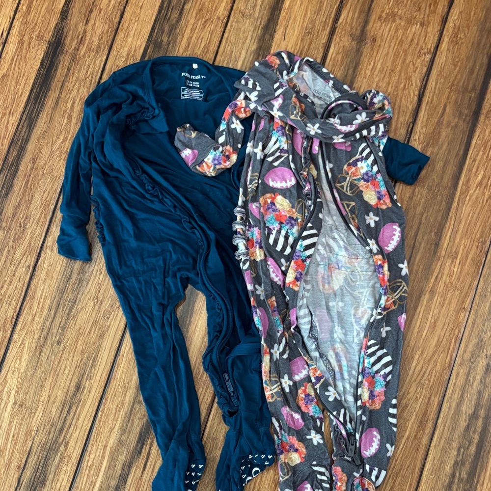 Two posh peanut sleep zippers - Solid Teal & Floral Grey